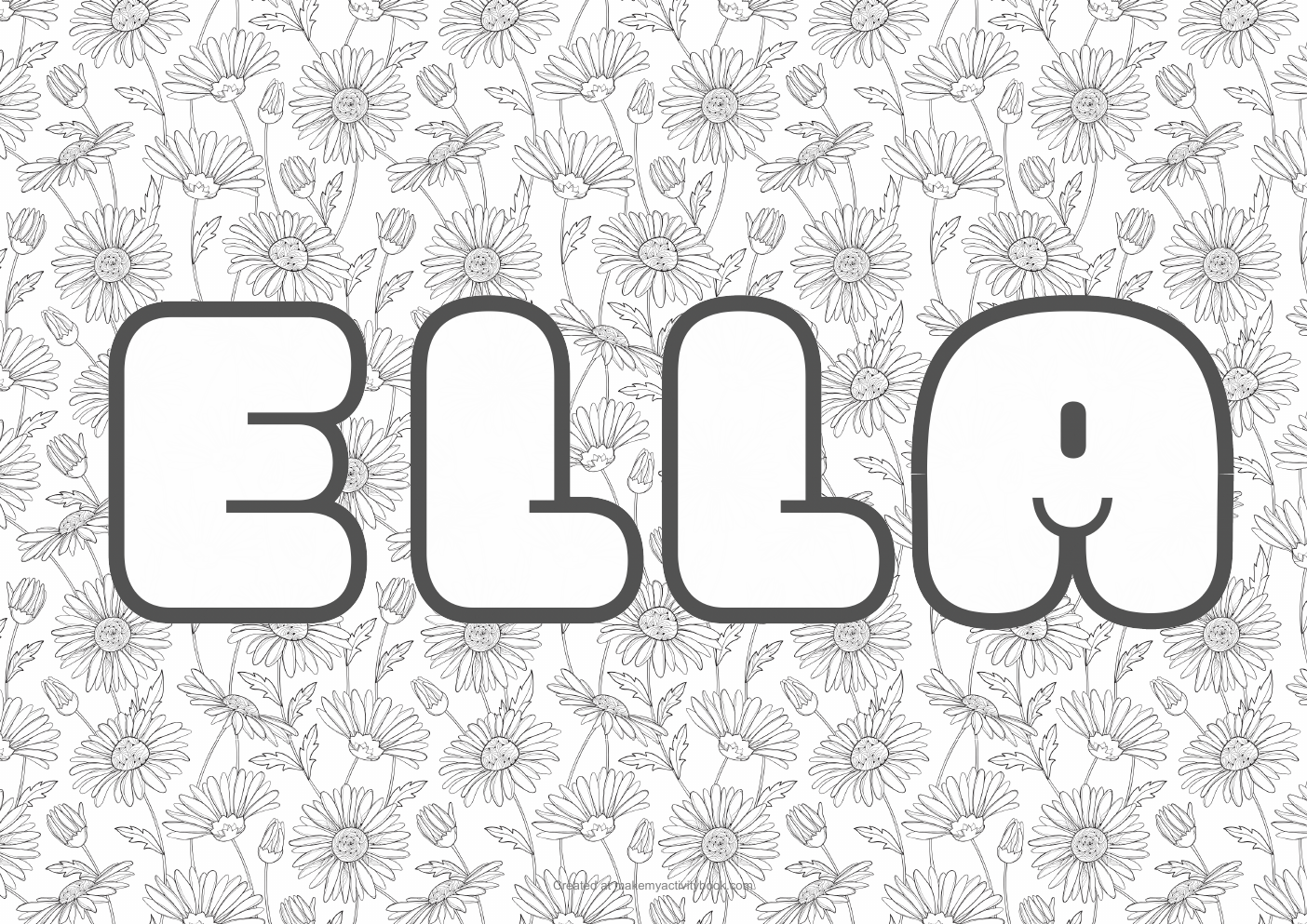 Ella Bubble letters — Flowers border colouring sheet