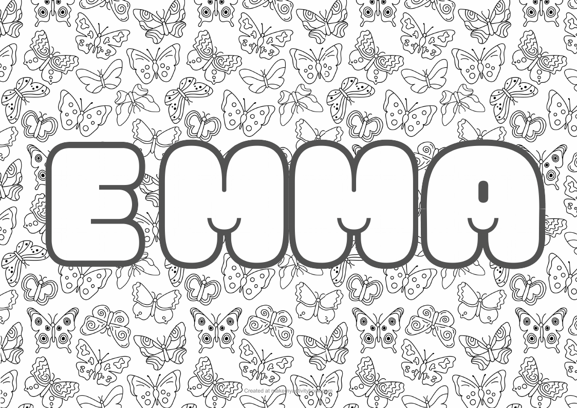 Emma Bubble letters — Butterflies border colouring sheet