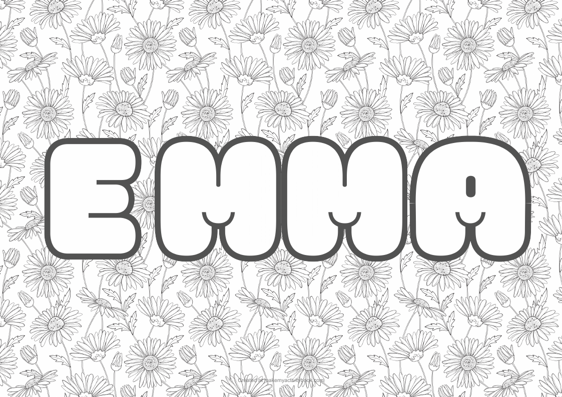 Emma Bubble letters — Flowers border colouring sheet