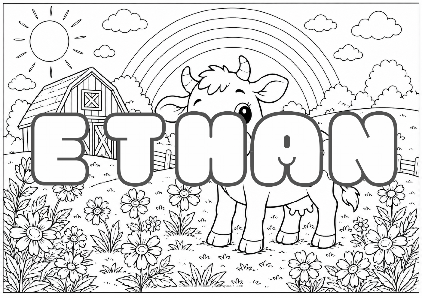 Ethan Bubble letters — Farm background colouring sheet