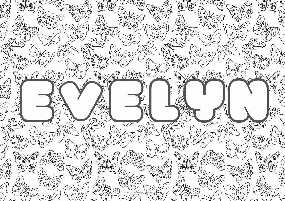 Evelyn Bubble letters — Butterflies border colouring sheet