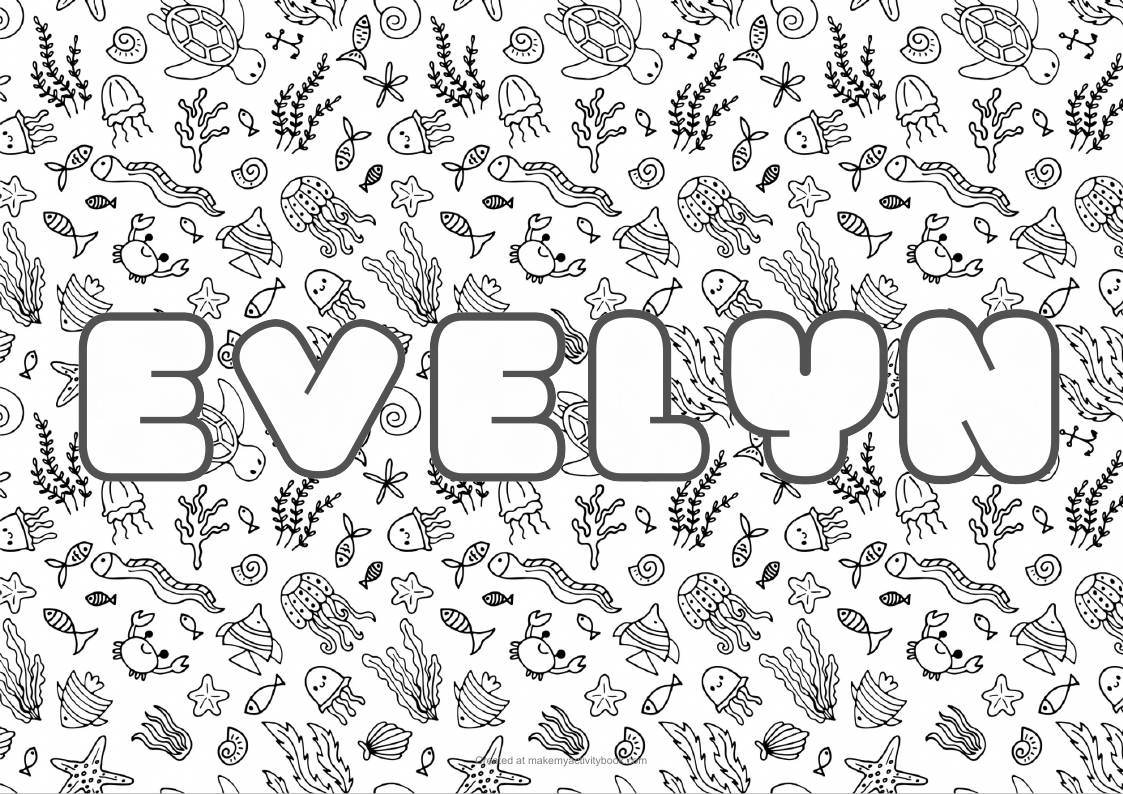 Evelyn Bubble letters — Sea border colouring sheet