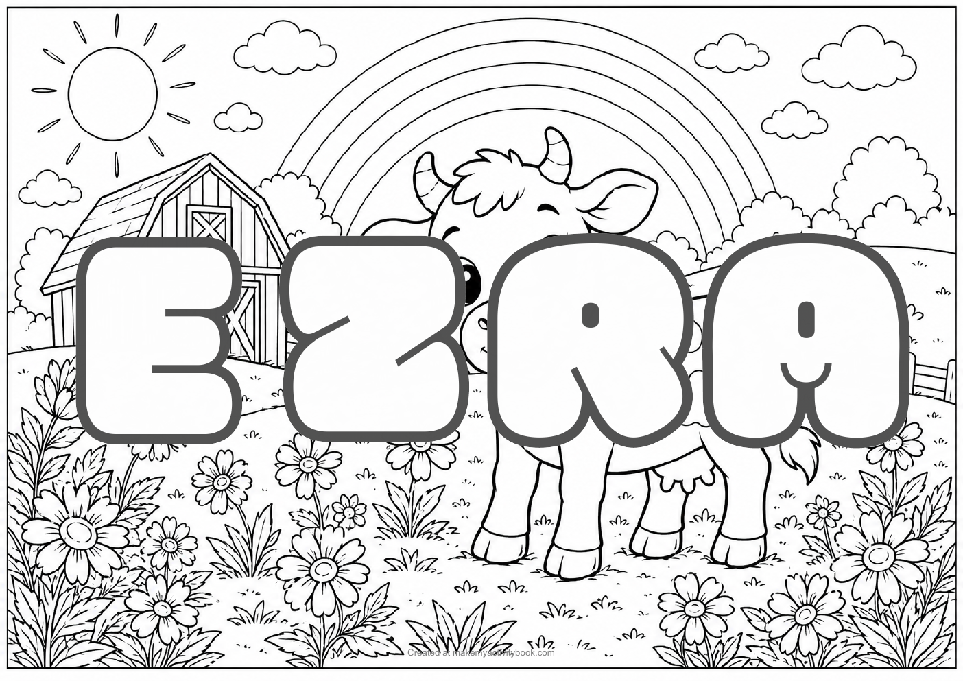 Ezra Bubble letters — Farm background colouring sheet