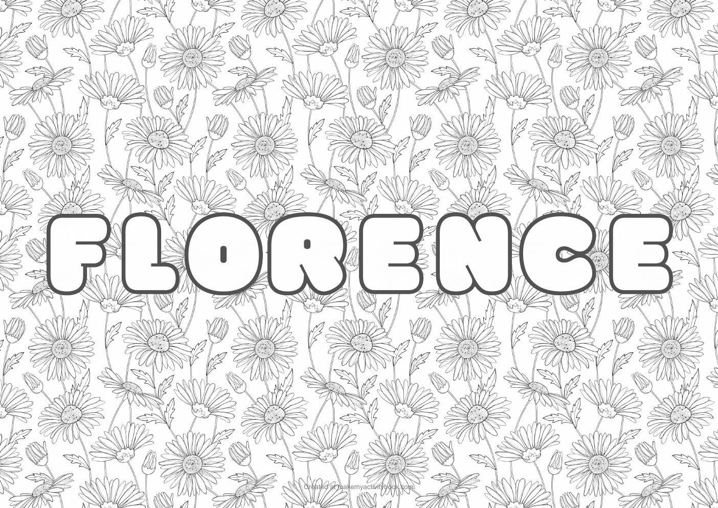 Florence Bubble letters — Flowers border colouring sheet