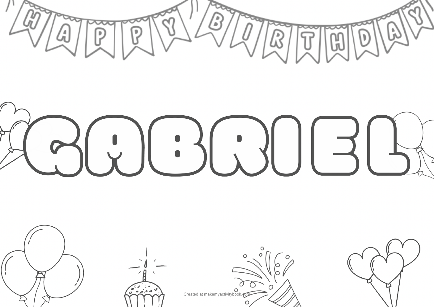 Gabriel Bubble letters — Birthday border colouring sheet