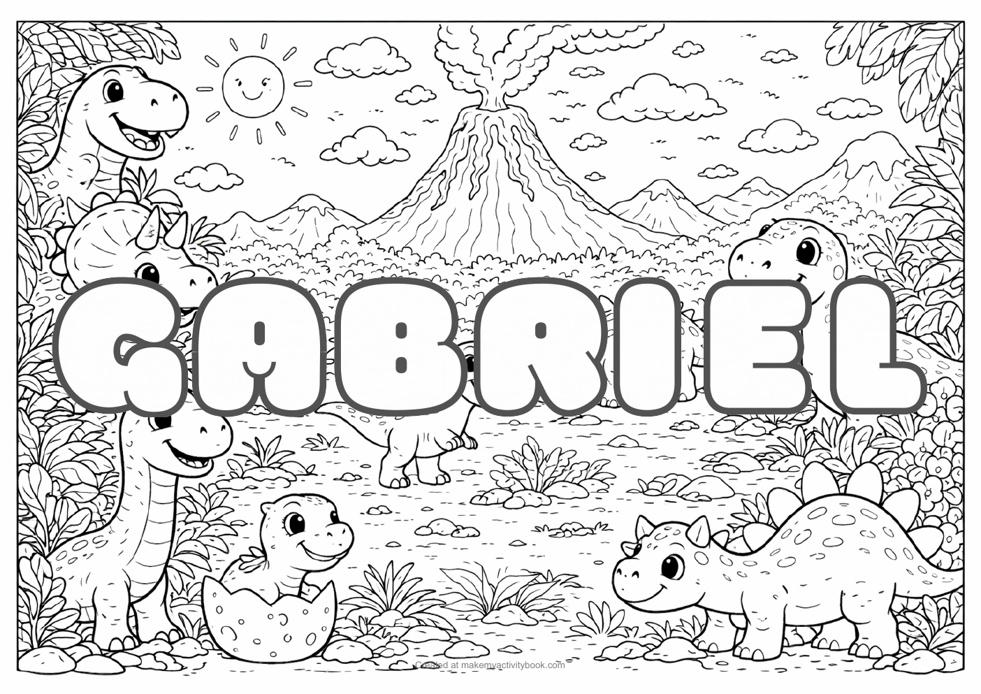 Gabriel Bubble letters — Dinosaur background colouring sheet