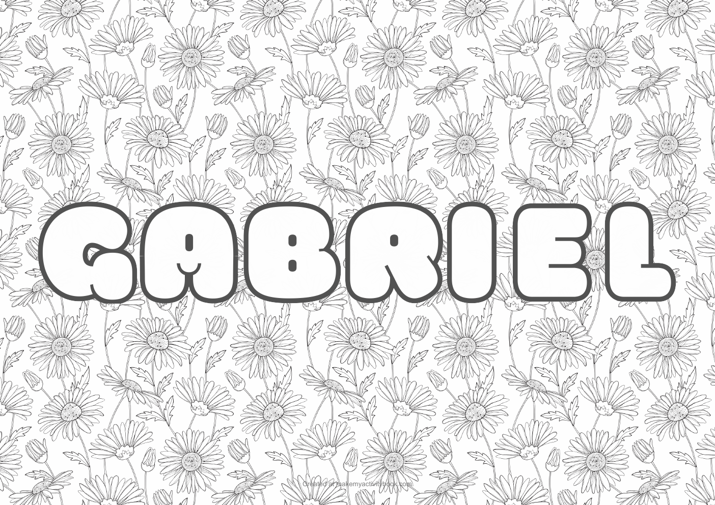 Gabriel Bubble letters — Flowers border colouring sheet