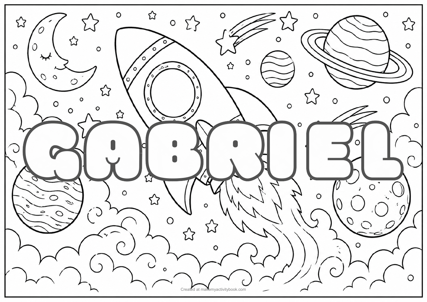 Gabriel Bubble letters — Space background colouring sheet