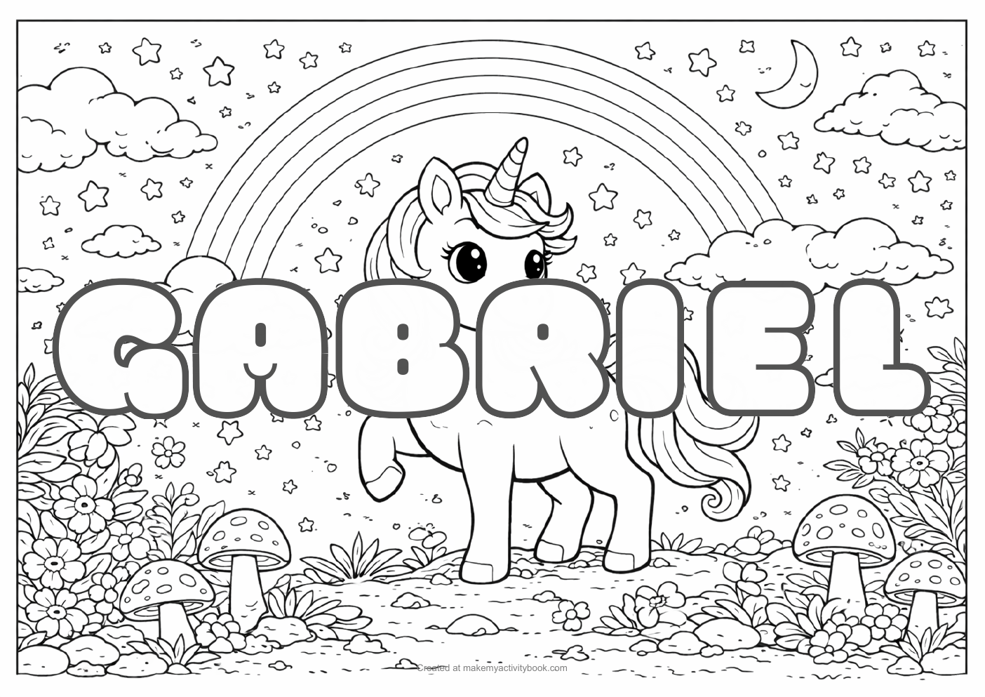 Gabriel Bubble letters — Unicorn background colouring sheet