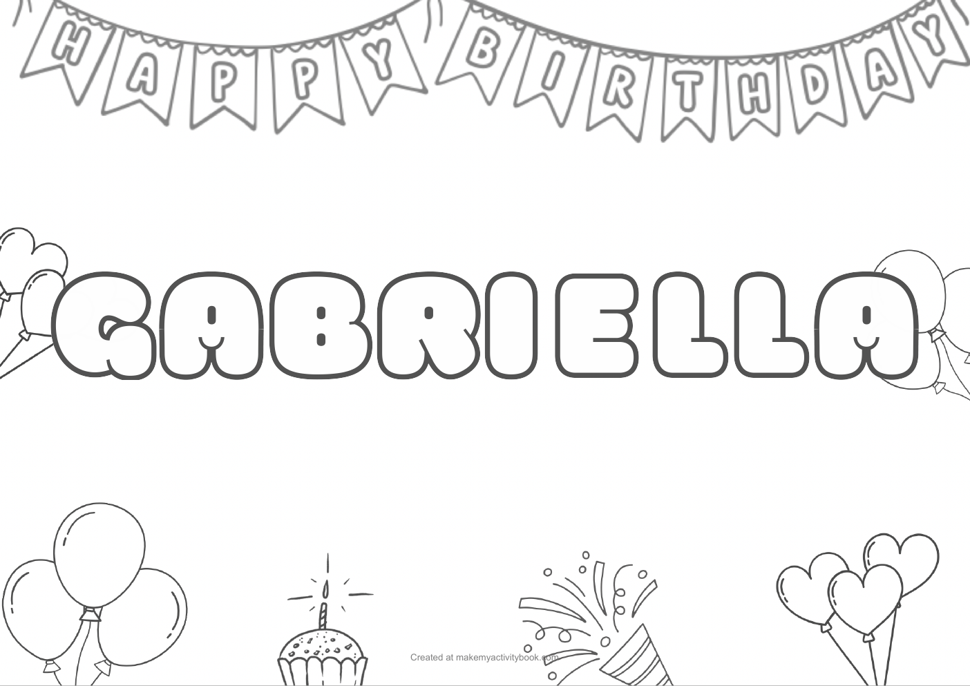 Gabriella Bubble letters — Birthday border colouring sheet
