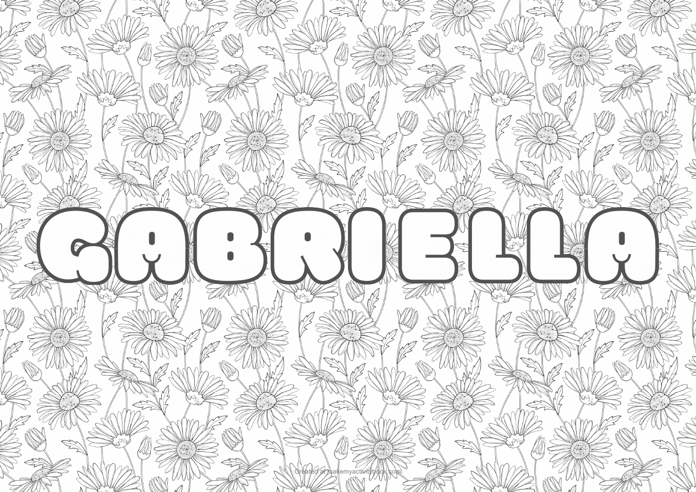 Gabriella Bubble letters — Flowers border colouring sheet