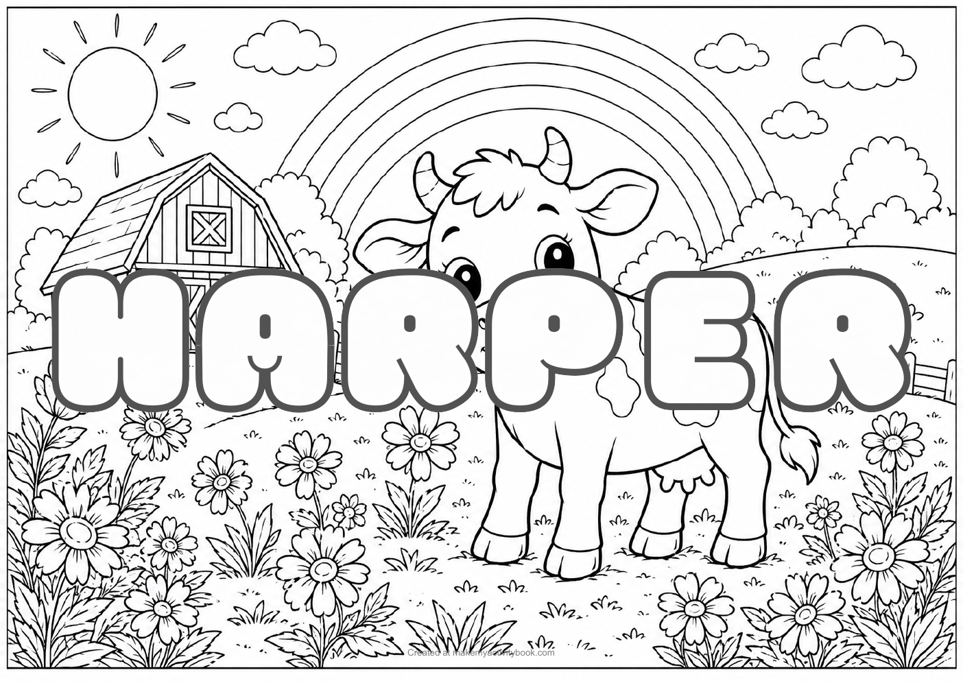 Harper Bubble letters — Farm background colouring sheet