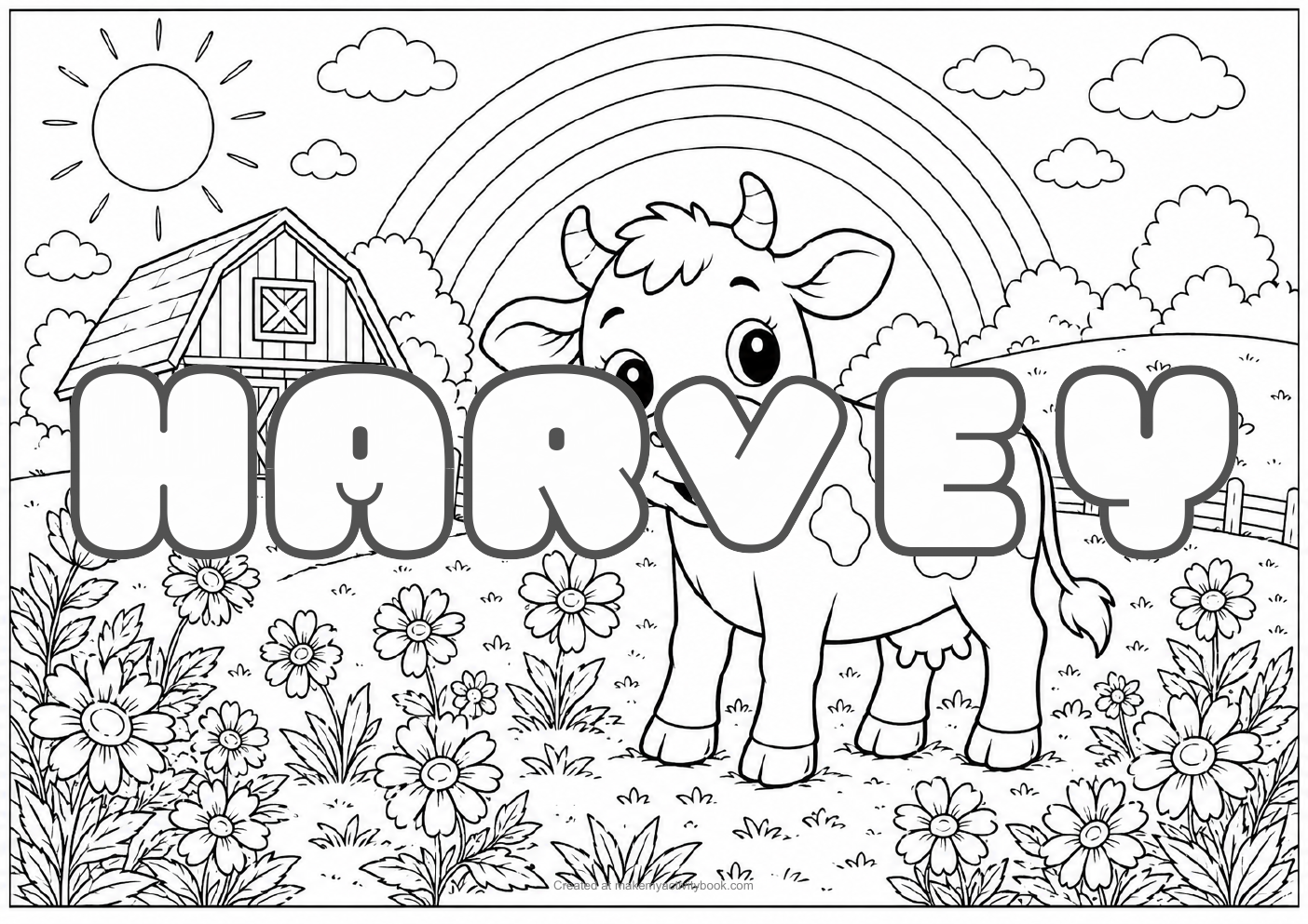 Harvey Bubble letters — Farm background colouring sheet