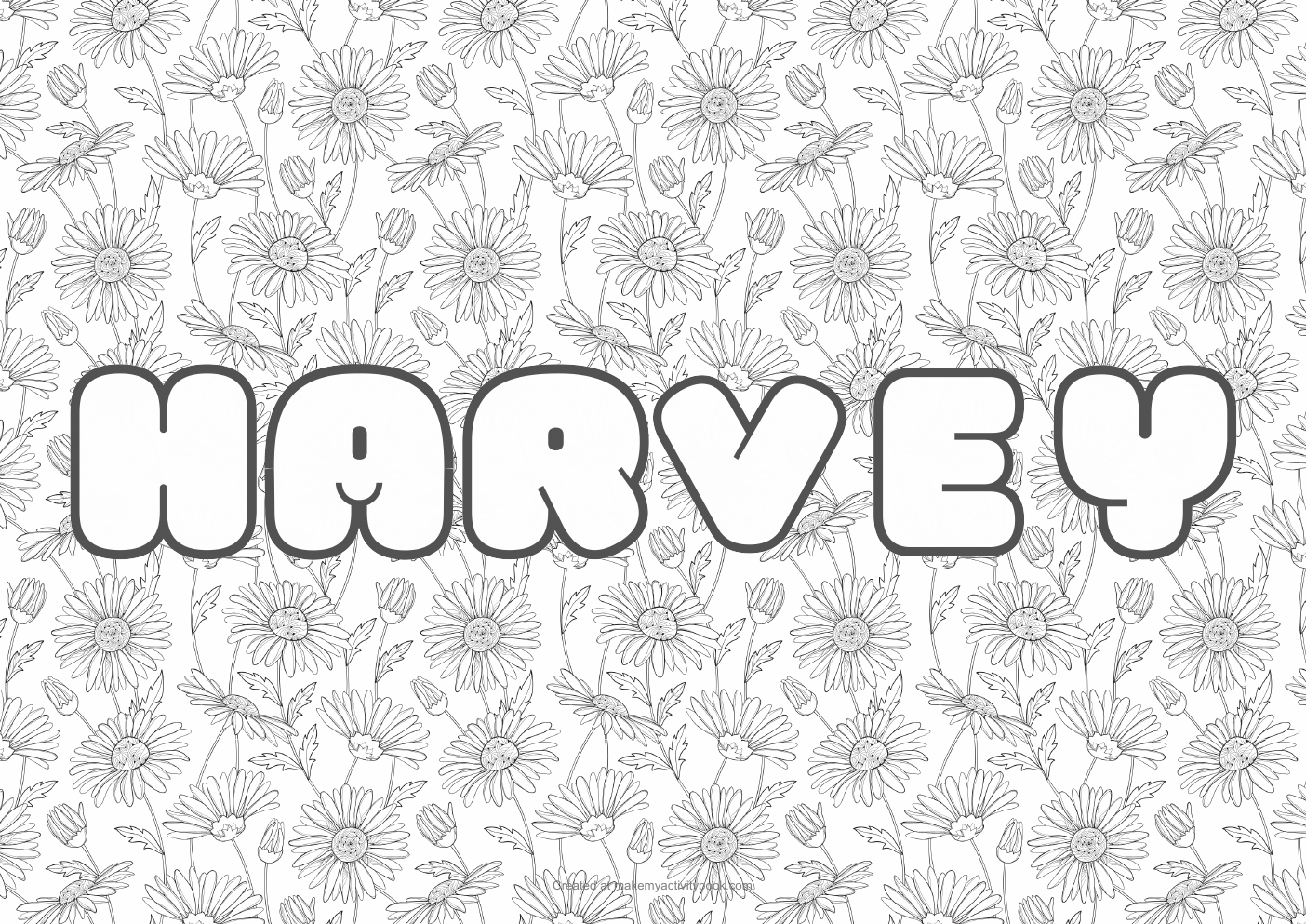 Harvey Bubble letters — Flowers border colouring sheet