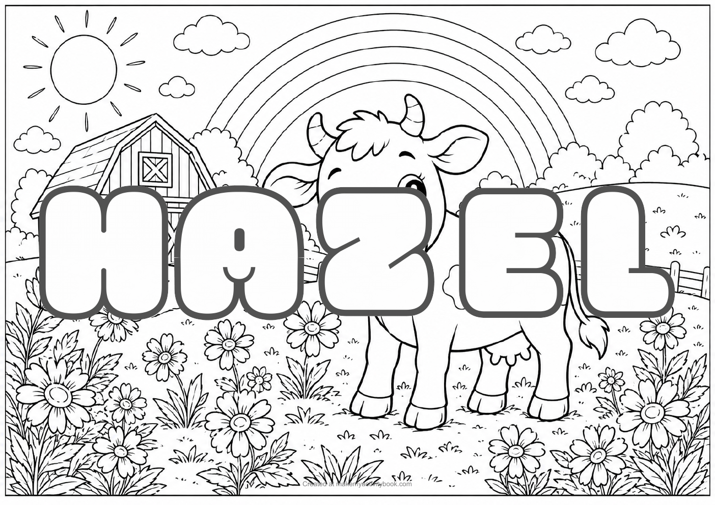 Hazel Bubble letters — Farm background colouring sheet