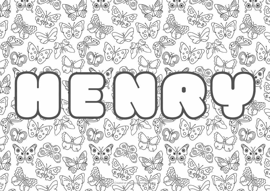Henry Bubble letters — Butterflies border colouring sheet