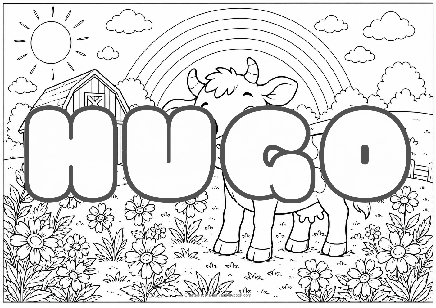 Hugo Bubble letters — Farm background colouring sheet