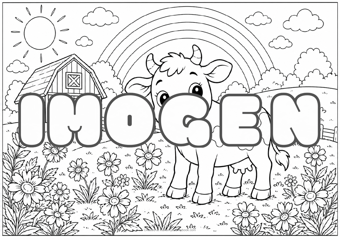 Imogen Bubble letters — Farm background colouring sheet