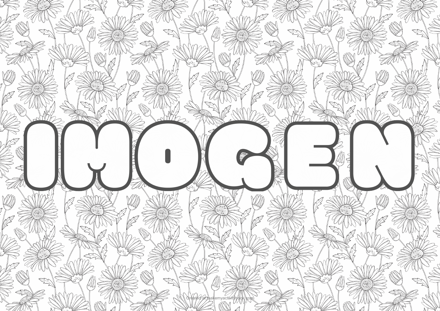 Imogen Bubble letters — Flowers border colouring sheet