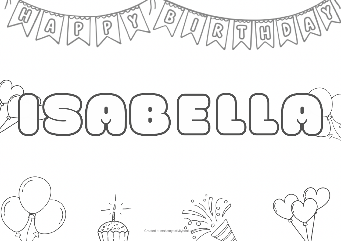 Isabella Bubble letters — Birthday border colouring sheet