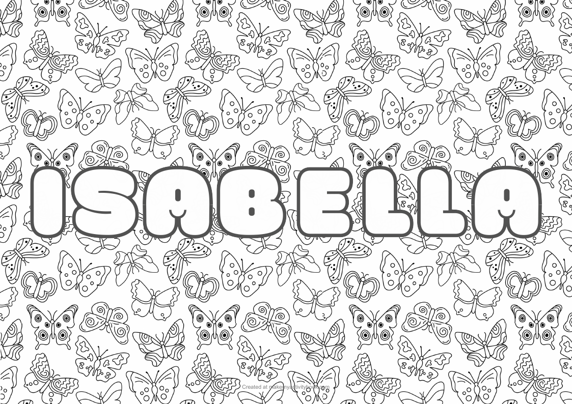 Isabella Bubble letters — Butterflies border colouring sheet