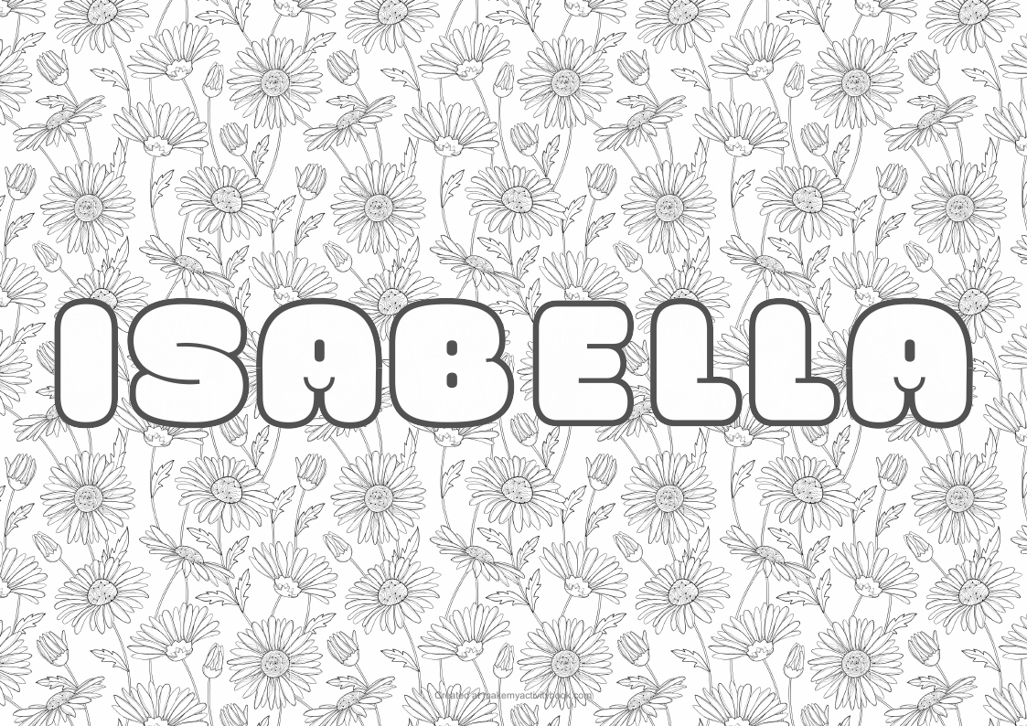Isabella Bubble letters — Flowers border colouring sheet