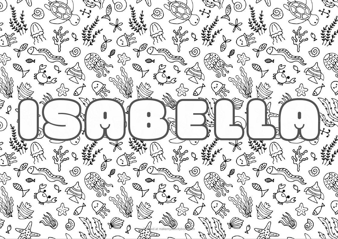 Isabella Bubble letters — Sea border colouring sheet