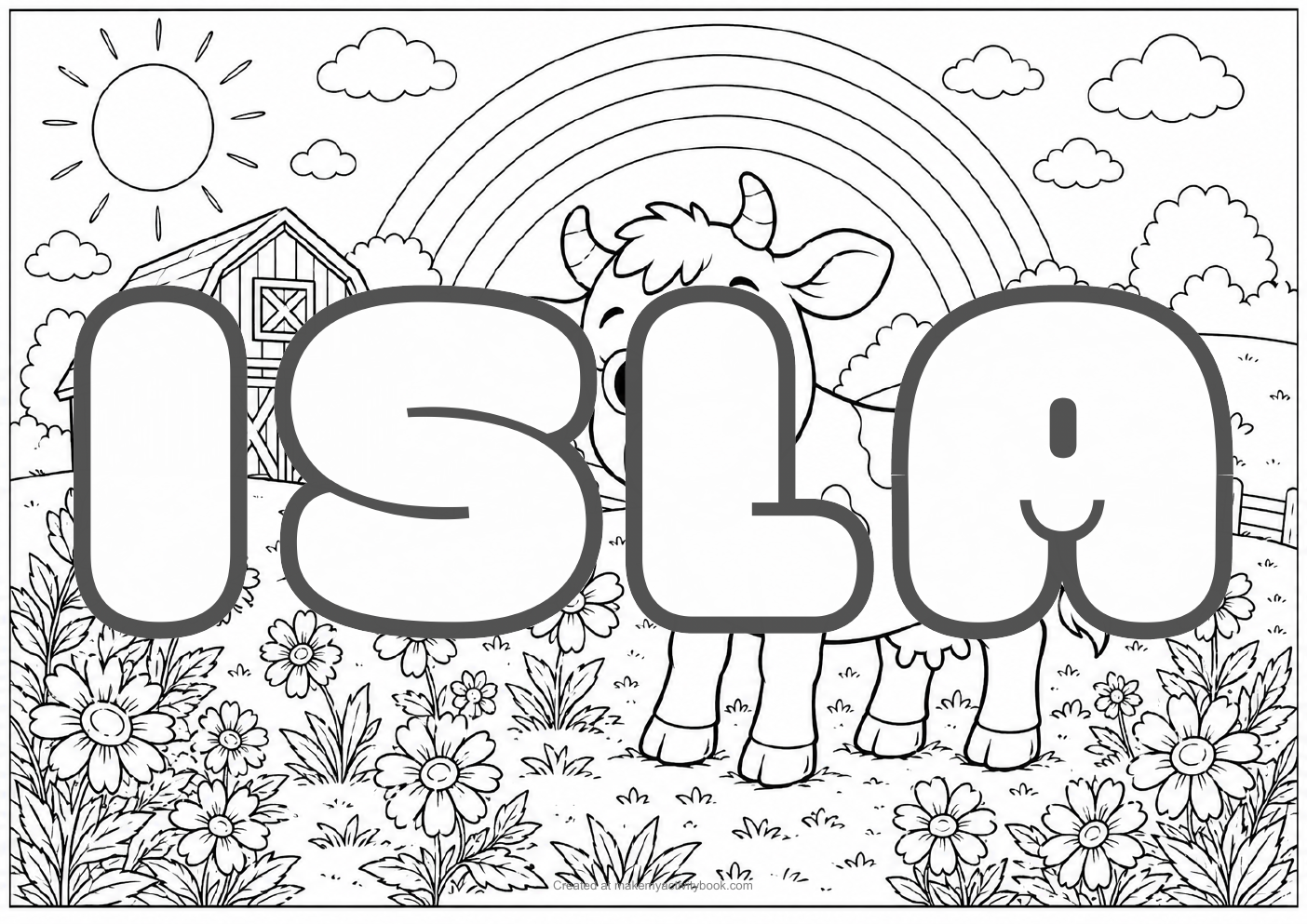 Isla Bubble letters — Farm background colouring sheet