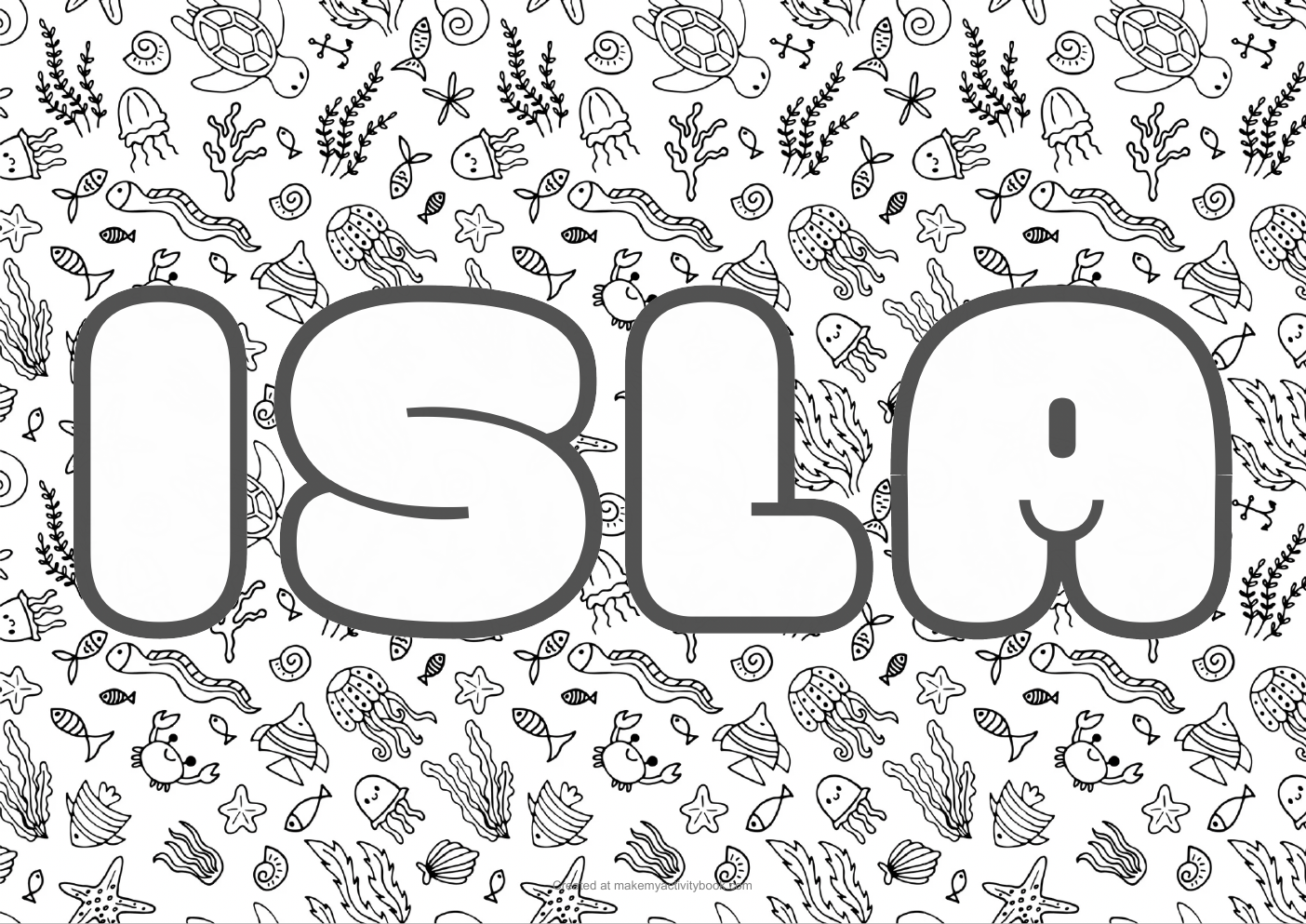 Isla Bubble letters — Sea border colouring sheet