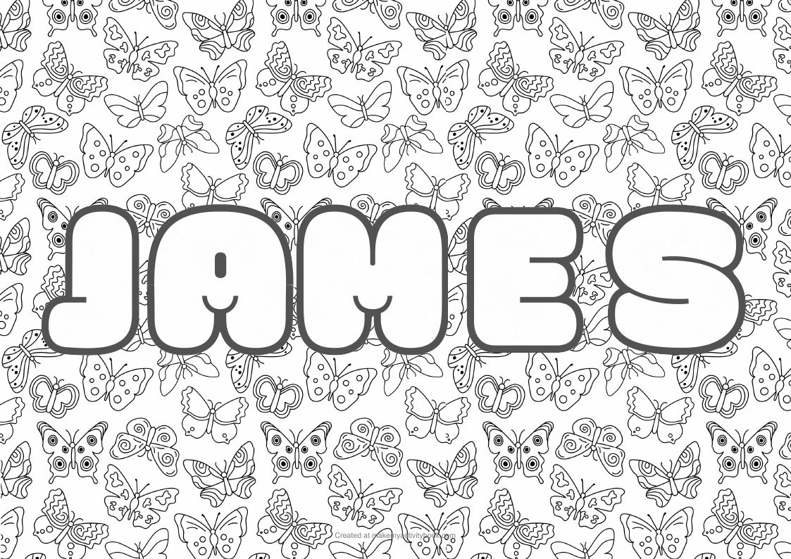 James Bubble letters — Butterflies border colouring sheet