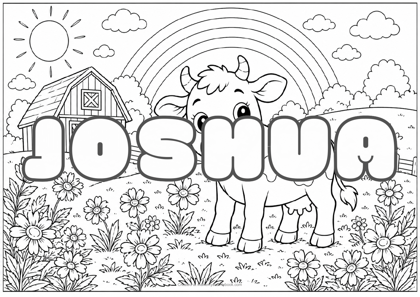 Joshua Bubble letters — Farm background colouring sheet
