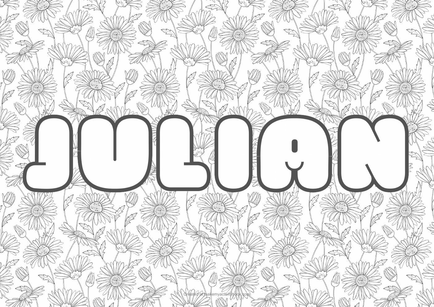 Julian Bubble letters — Flowers border colouring sheet