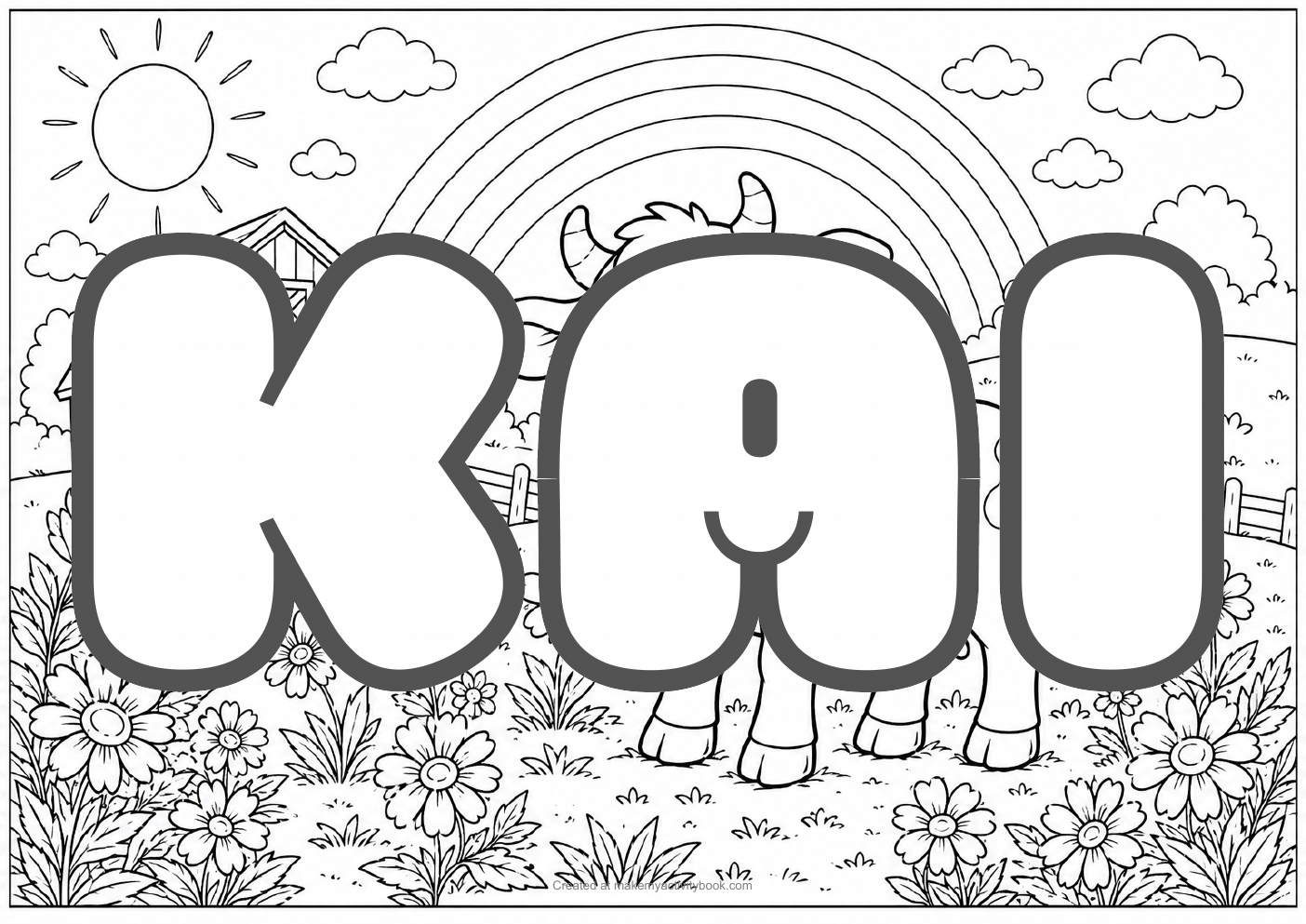 Kai Bubble letters — Farm background colouring sheet