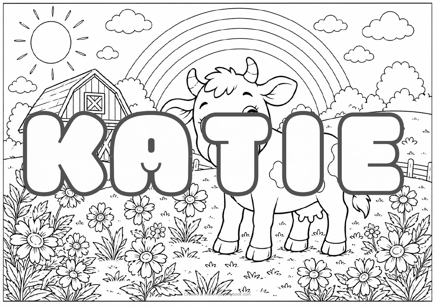 Katie Bubble letters — Farm background colouring sheet