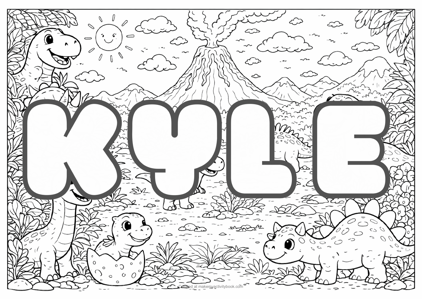 Kyle Bubble letters — Dinosaur background colouring sheet