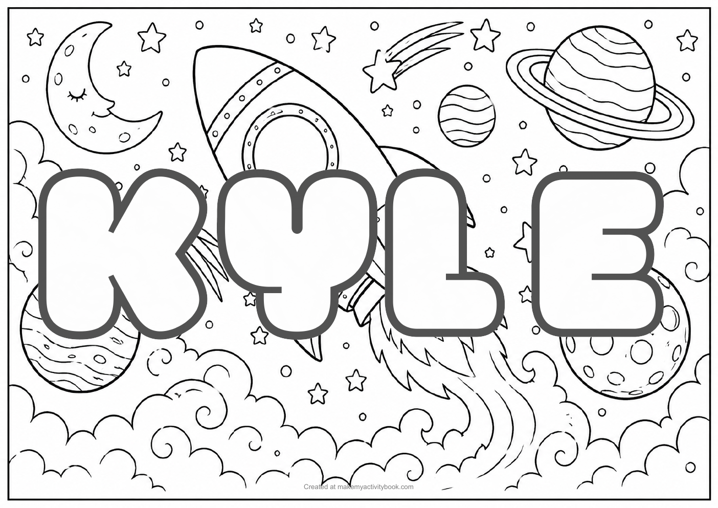 Kyle Bubble letters — Space background colouring sheet