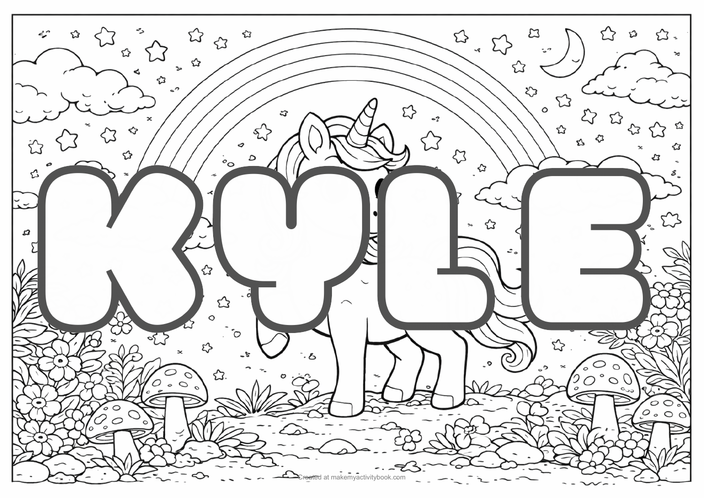 Kyle Bubble letters — Unicorn background colouring sheet