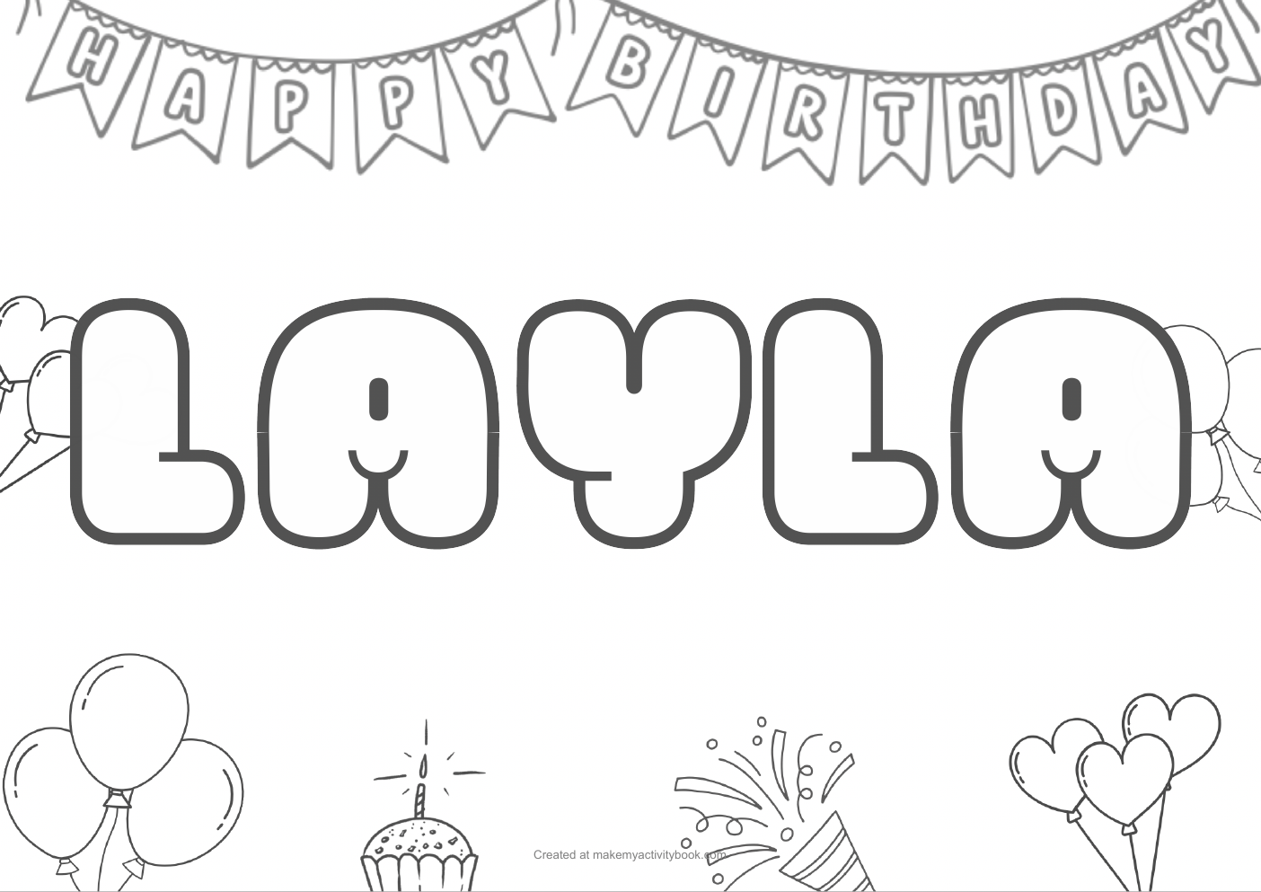 Layla Bubble letters — Birthday border colouring sheet