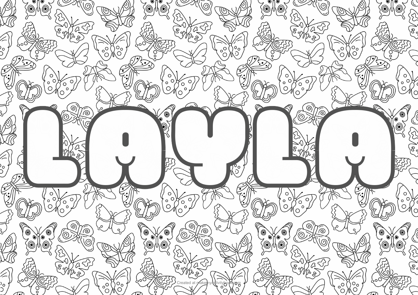 Layla Bubble letters — Butterflies border colouring sheet
