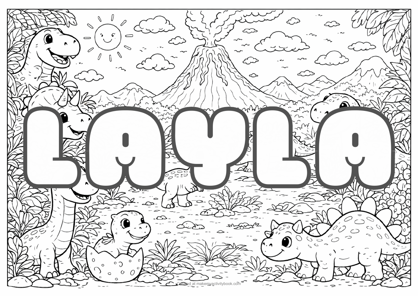 Layla Bubble letters — Dinosaur background colouring sheet