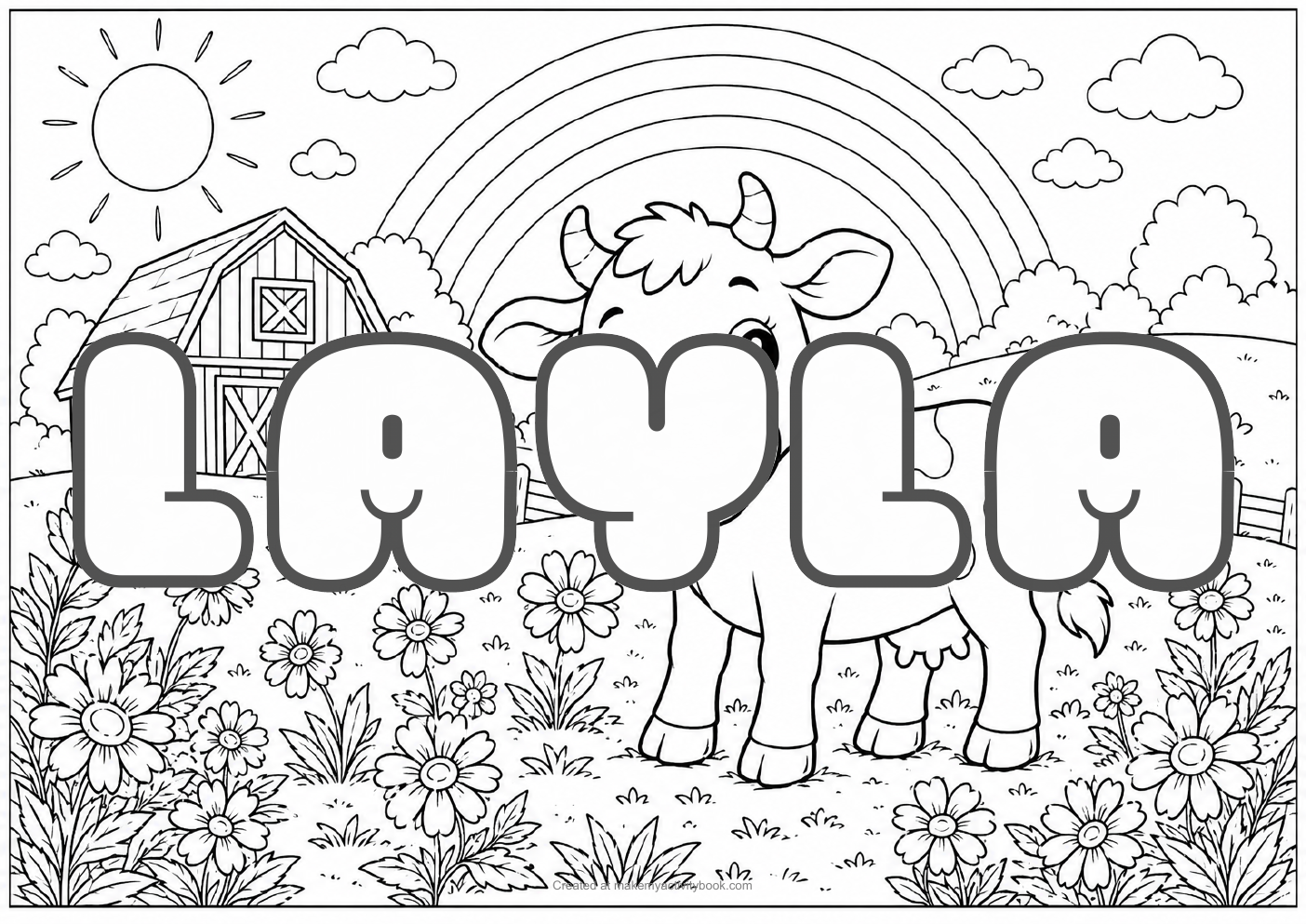 Layla Bubble letters — Farm background colouring sheet