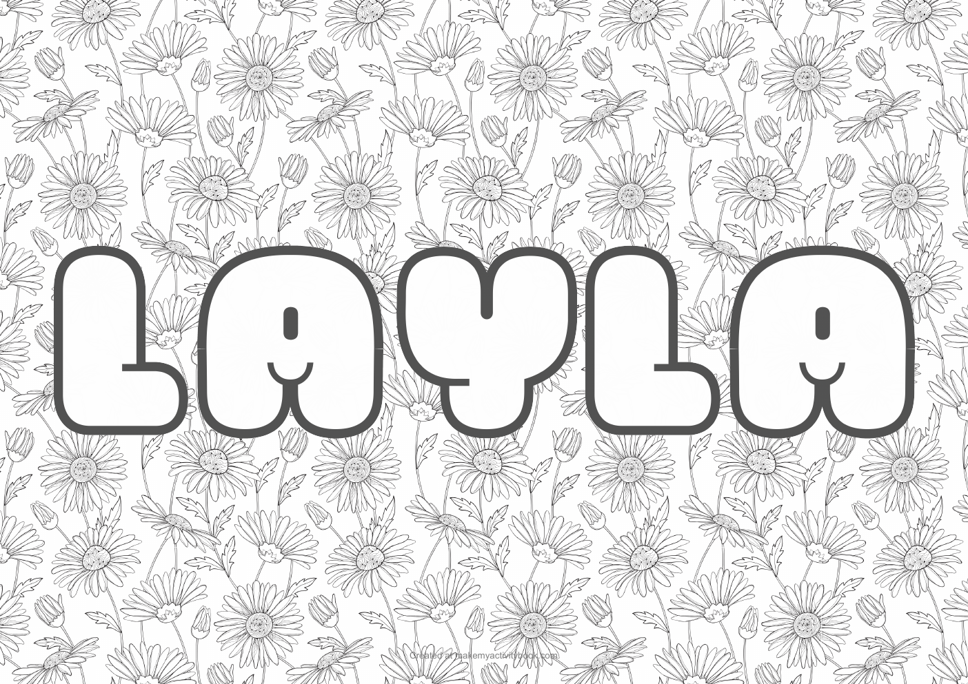 Layla Bubble letters — Flowers border colouring sheet