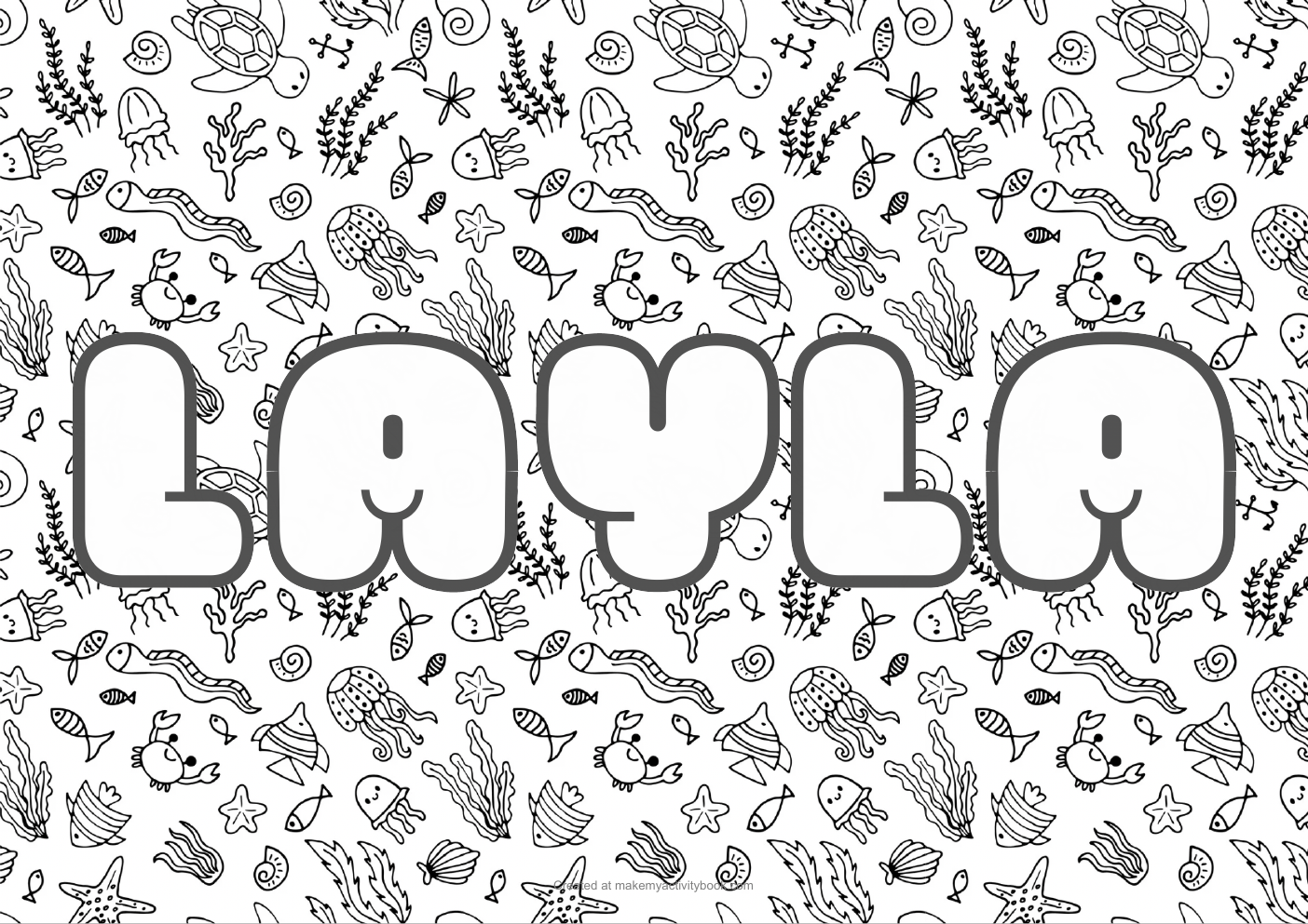 Layla Bubble letters — Sea border colouring sheet