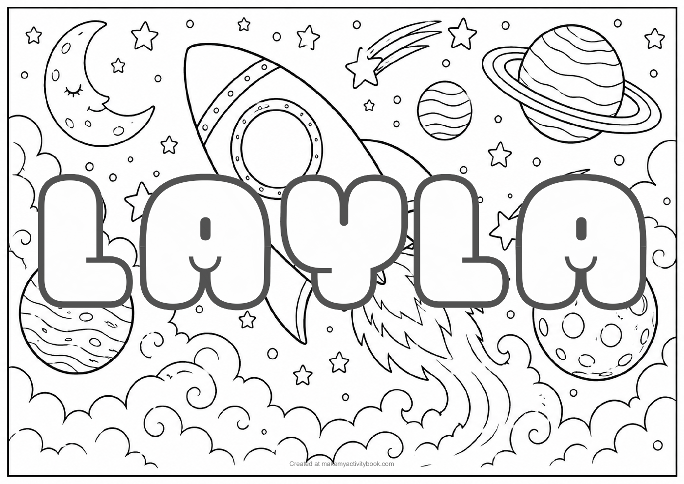 Layla Bubble letters — Space background colouring sheet