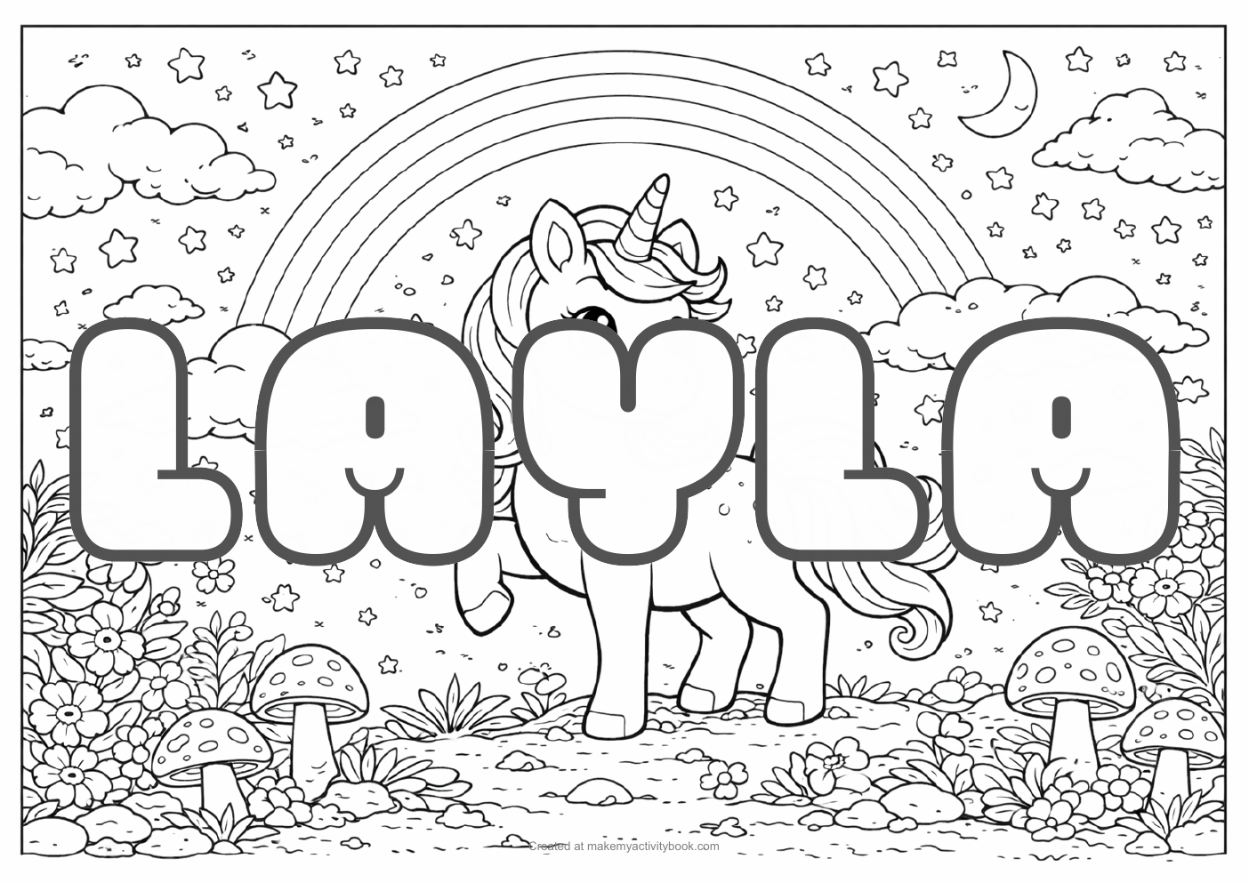 Layla Bubble letters — Unicorn background colouring sheet