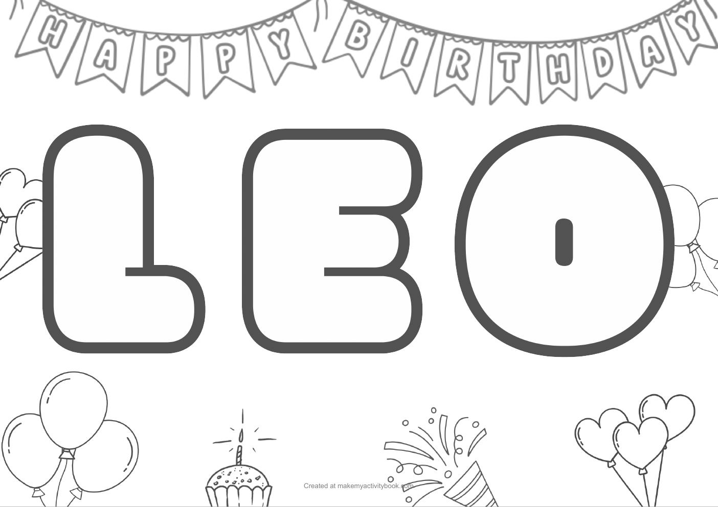 Leo Bubble letters — Birthday border colouring sheet