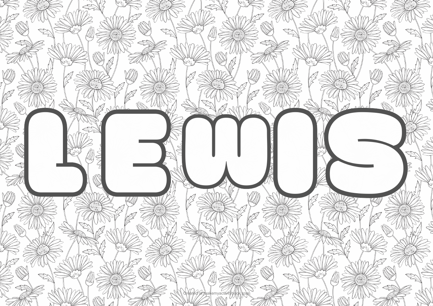 Lewis Bubble letters — Flowers border colouring sheet
