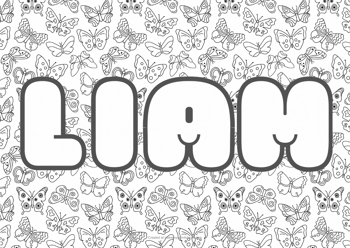 Liam Bubble letters — Butterflies border colouring sheet