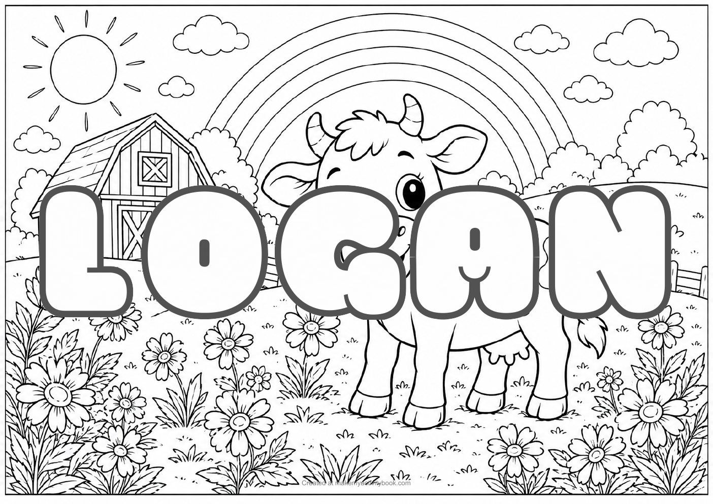 Logan Bubble letters — Farm background colouring sheet