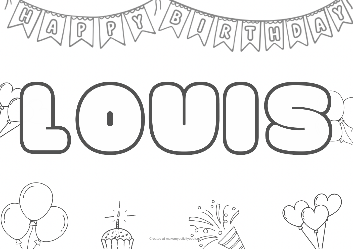 Louis Bubble letters — Birthday border colouring sheet
